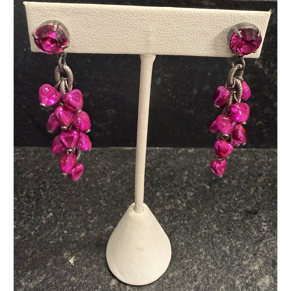 Vintage Glass Heart Grape Cluster Dangle Earrings Fuchsia Pink Poured Art Glass